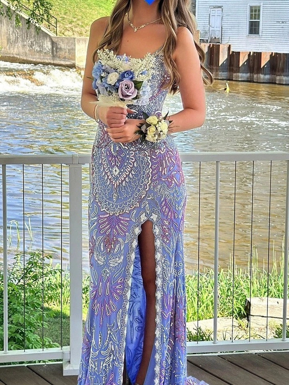 Rachel Allan Beaded Strappy Maxi Dress in Purple & Blue Size 6 Like New